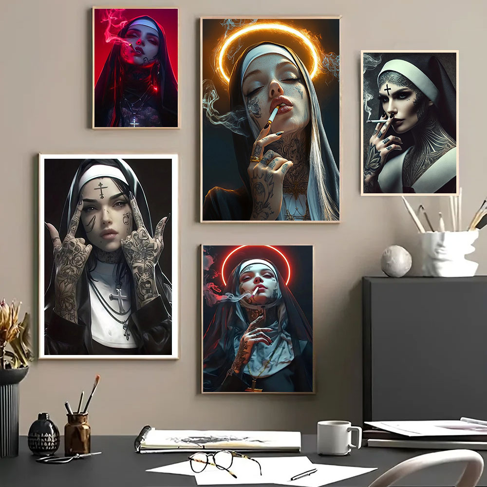 Sustainable Living Eco Friendly - Sexy Tattoo Machine Gun Nun Poster